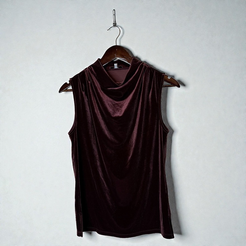 Reiss Lola Velvet High Neck Drape Top Burgundy Sleeveless Size XS
